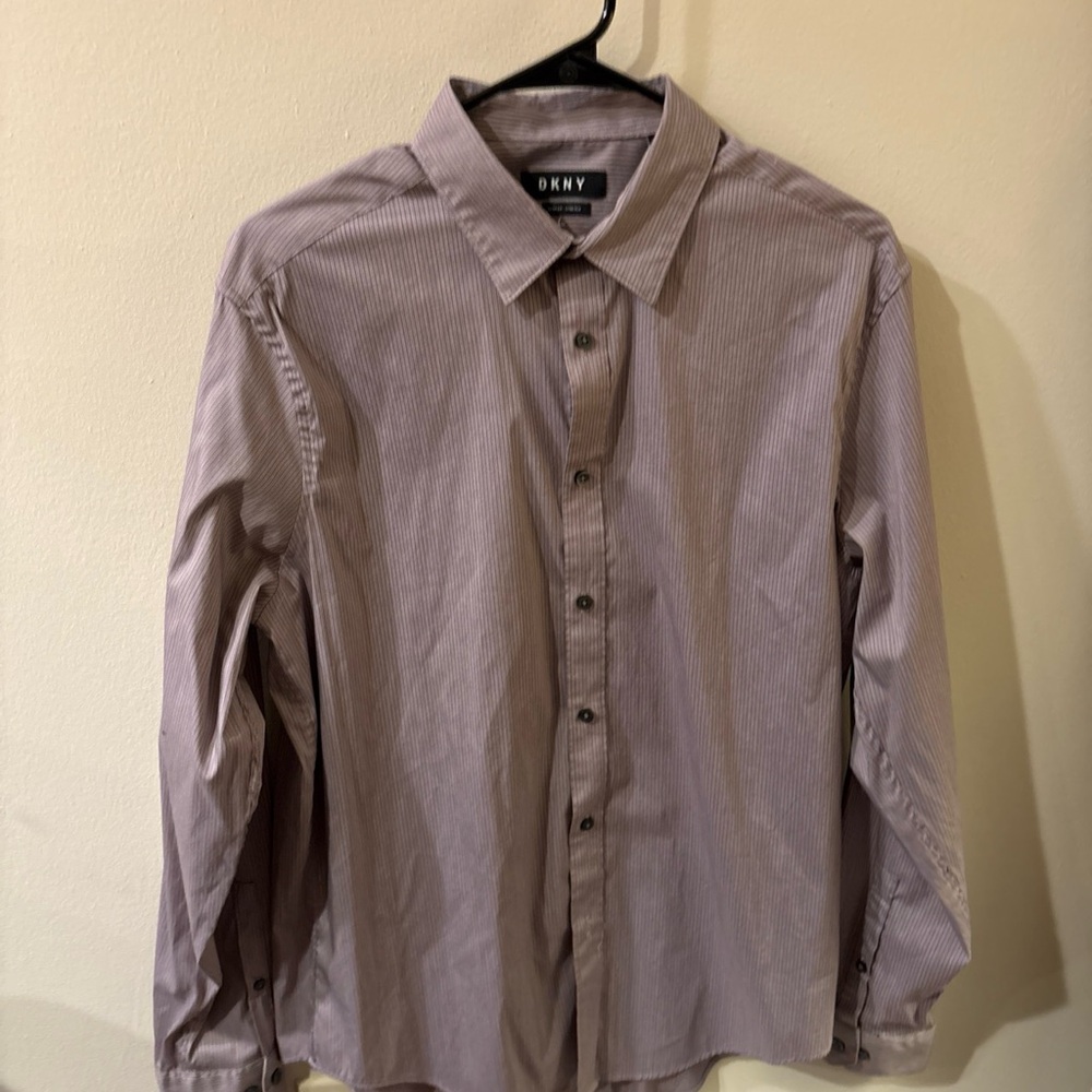 DKNY Men's Casual Button Down Shirt in Purple Stripes
